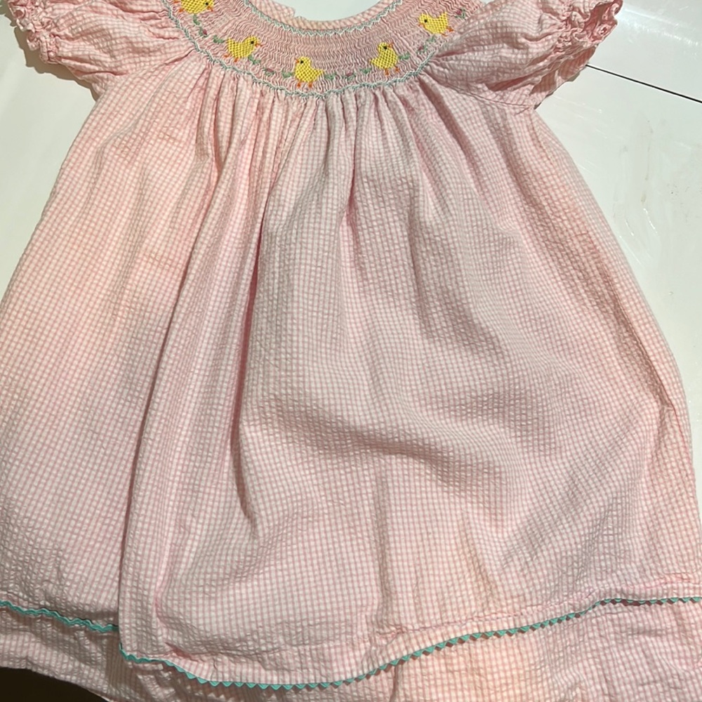 Anavini Smock Chick Dress, Pink Seersucker with Blue Ric Rac 24M